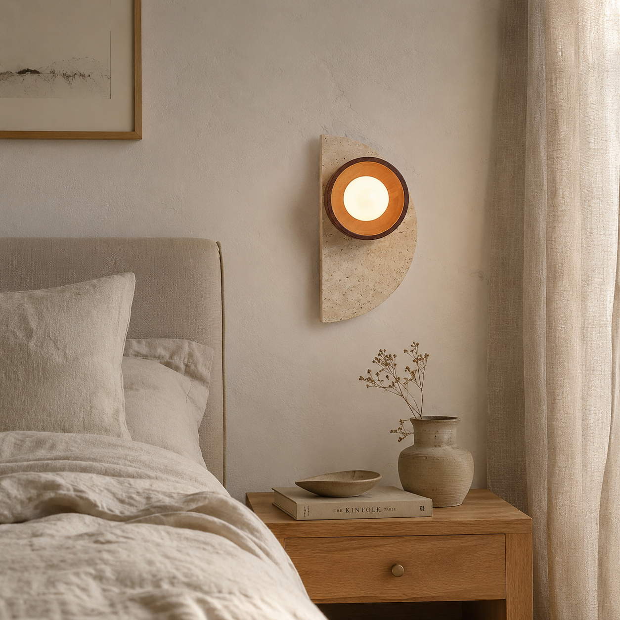 Yellow travertine wall sconce with warm wood finish in a natural material interior