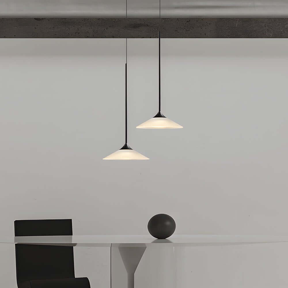 Aureon modern cone pendant light with white acrylic shade and matte black aluminium body