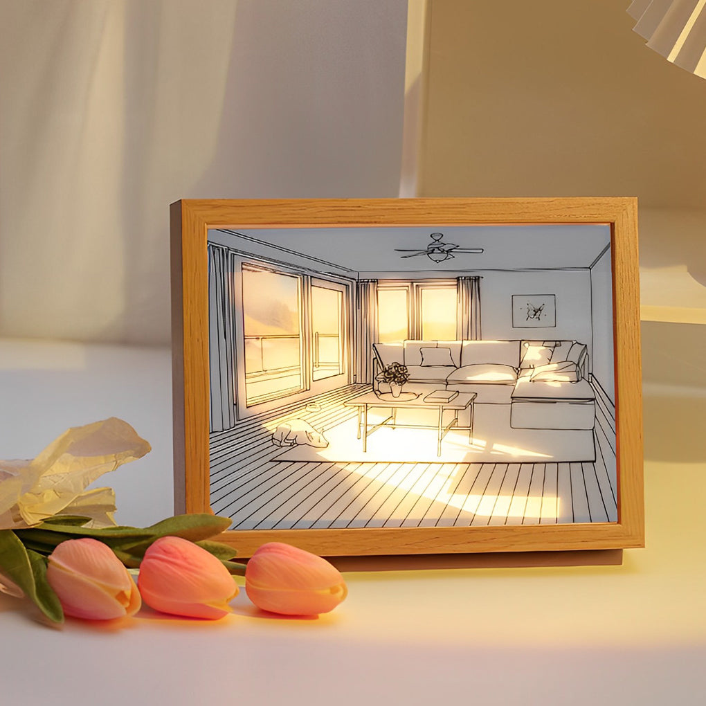 Alure LED light painting with wood frame on a bedroom wall, warm scene illumination