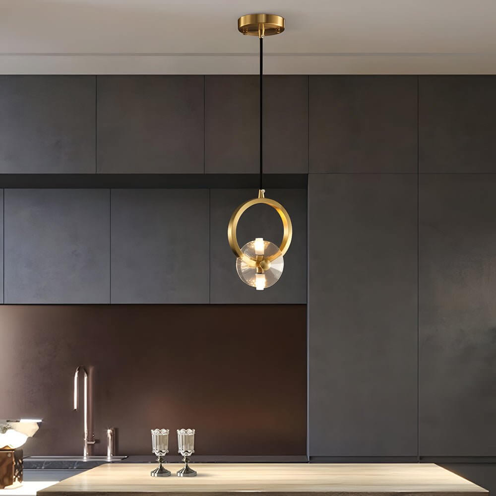 Aureon copper crystal pendant light with clear round crystal shade and polished copper frame
