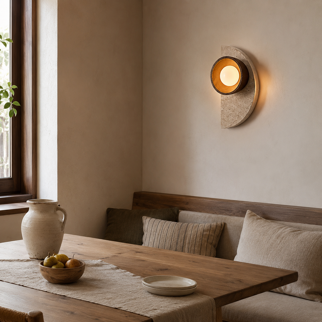 Side view of the Ishi travertine wall light showing semi-circular stone backplate and wooden bowl