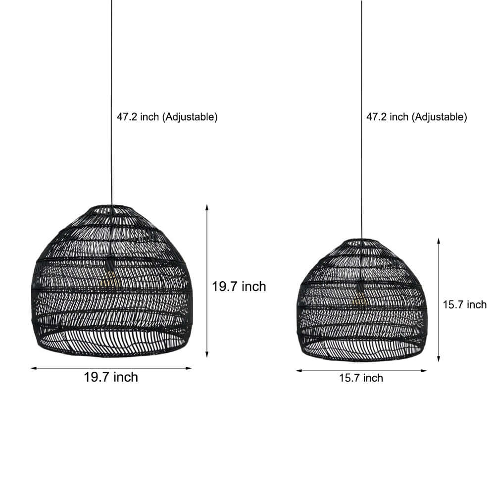 Aureon bamboo rattan pendant light in black finish hanging above a bedroom reading corner