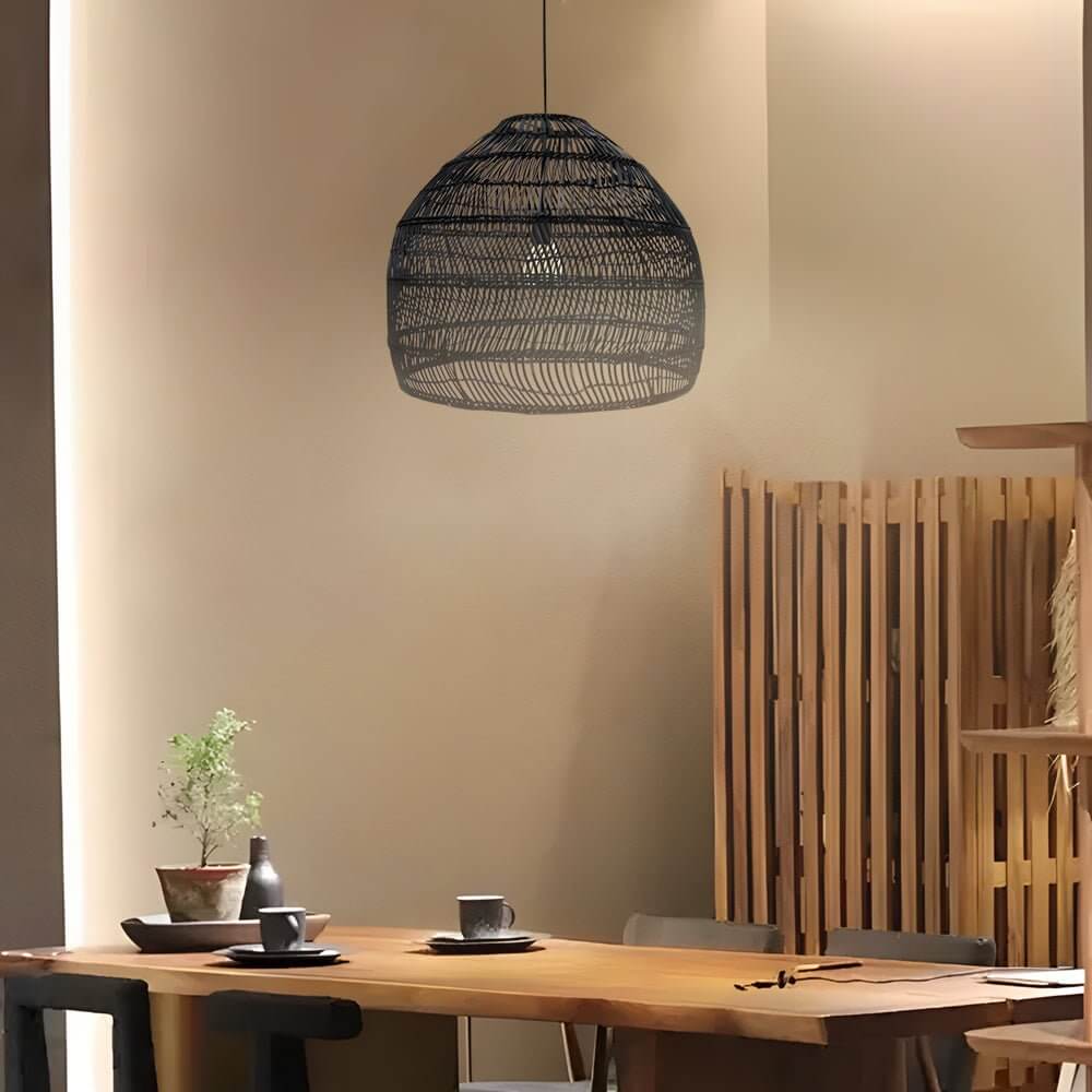 19.7 inch Aureon woven rattan dome ceiling light above a round dining table in a modern interior