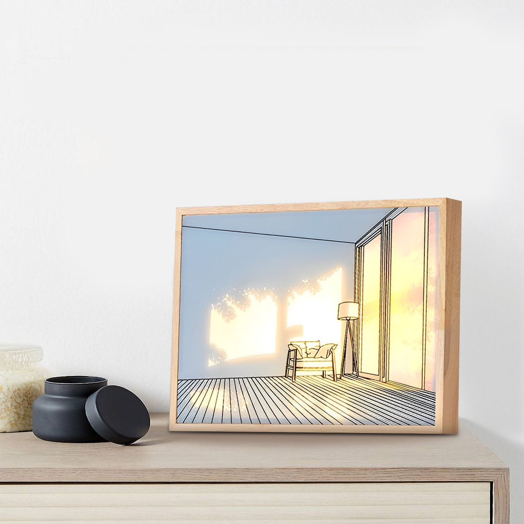 Alure wood frame LED light painting showing colour temperature adjustment, bedroom wall light