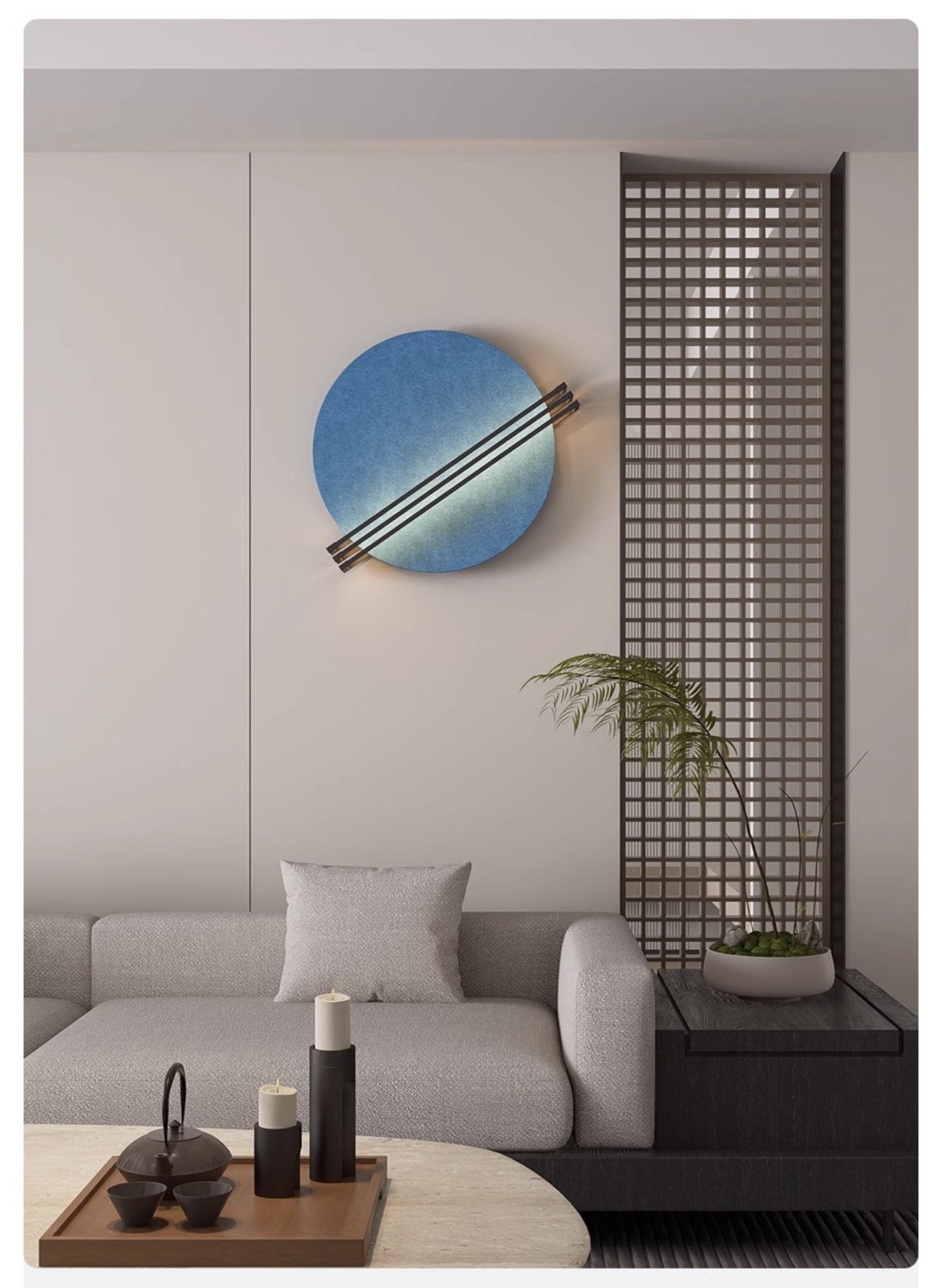 Full-length view of the Vantara felt wall sconce showing the 59-inch plug-in cord and pull switch