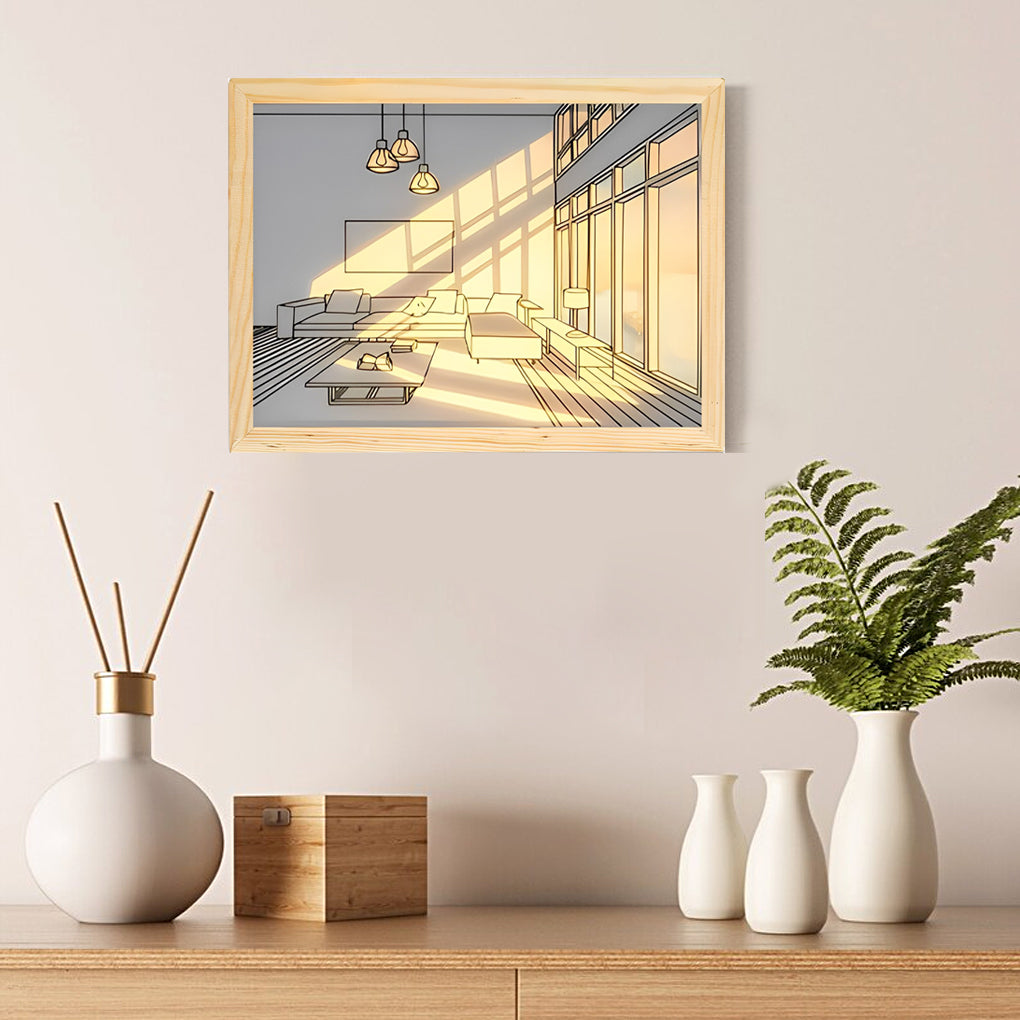 Alure LED wall art light showing seaside scene design, wood frame wall light for living room