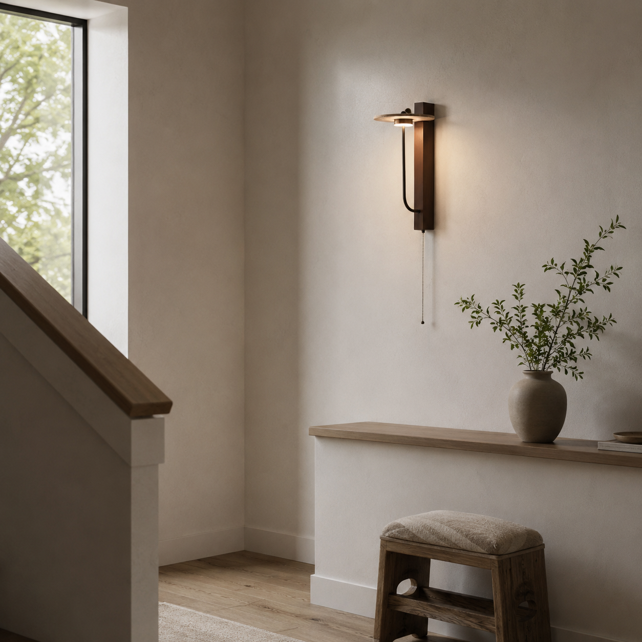 Large size Sumi travertine arm wall light on a living room feature wall