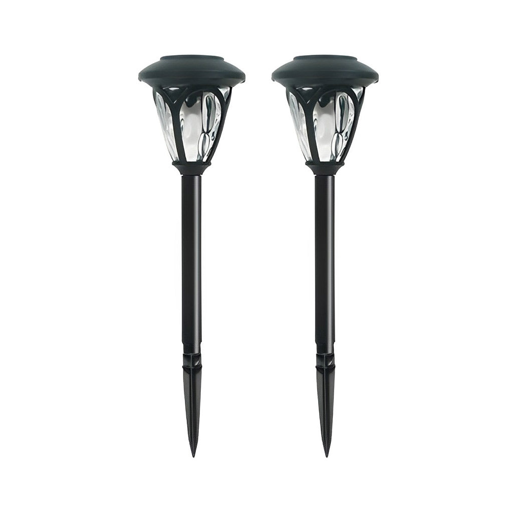 Set of 2 Solvara solar stake lights placed along a garden pathway with soft diffused LED glow