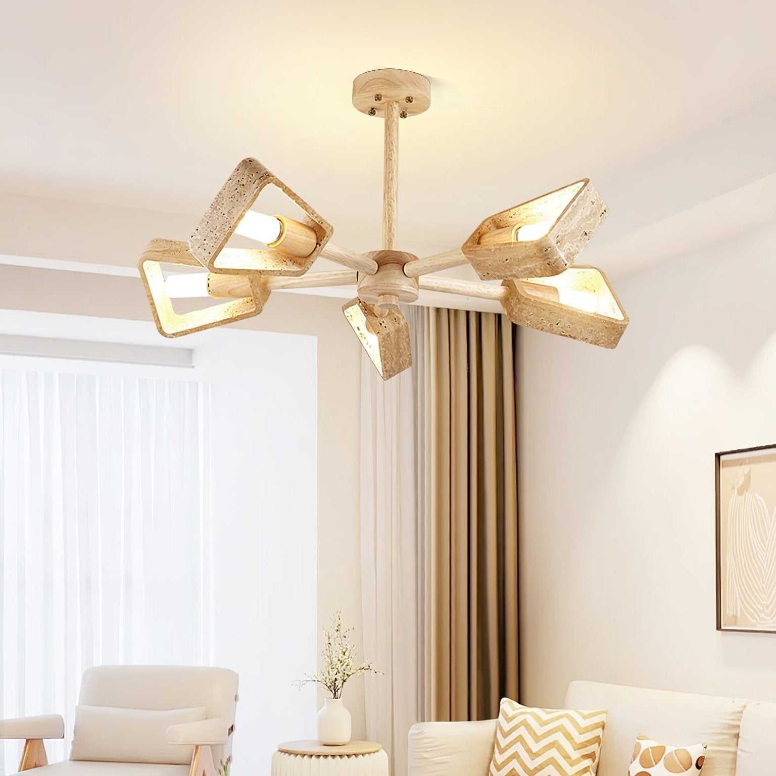 5-head wood colour travertine chandelier above a long timber dining table