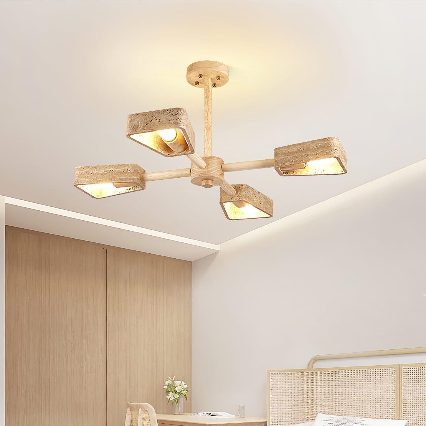 Tomoe travertine chandelier detail showing E27 bulb base and stone frame attachment