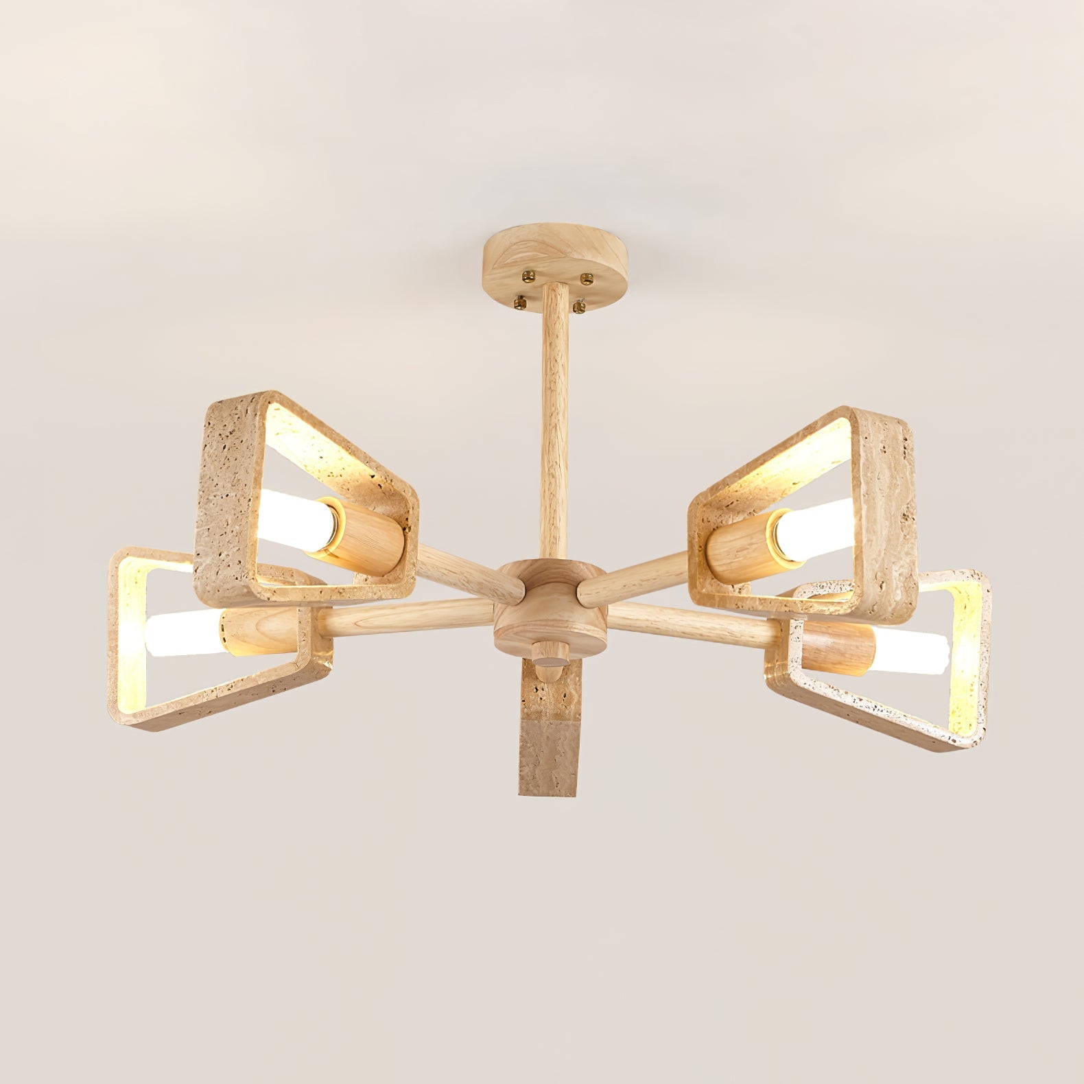 Tomoe chandelier product flat lay showing travertine frames, wood hub, and suspension rod components
