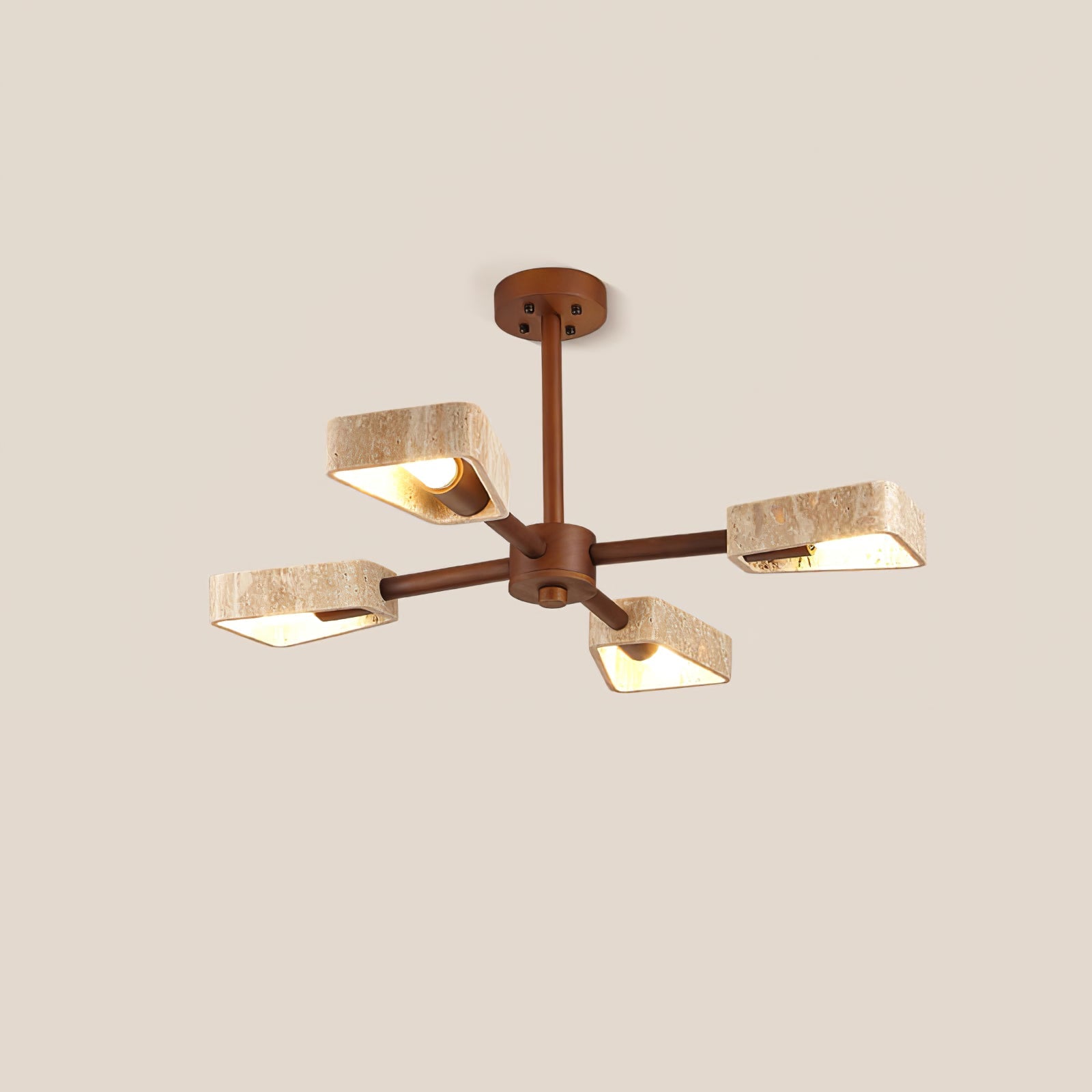 5-head travertine and wood chandelier in a calm, open-plan living and dining space