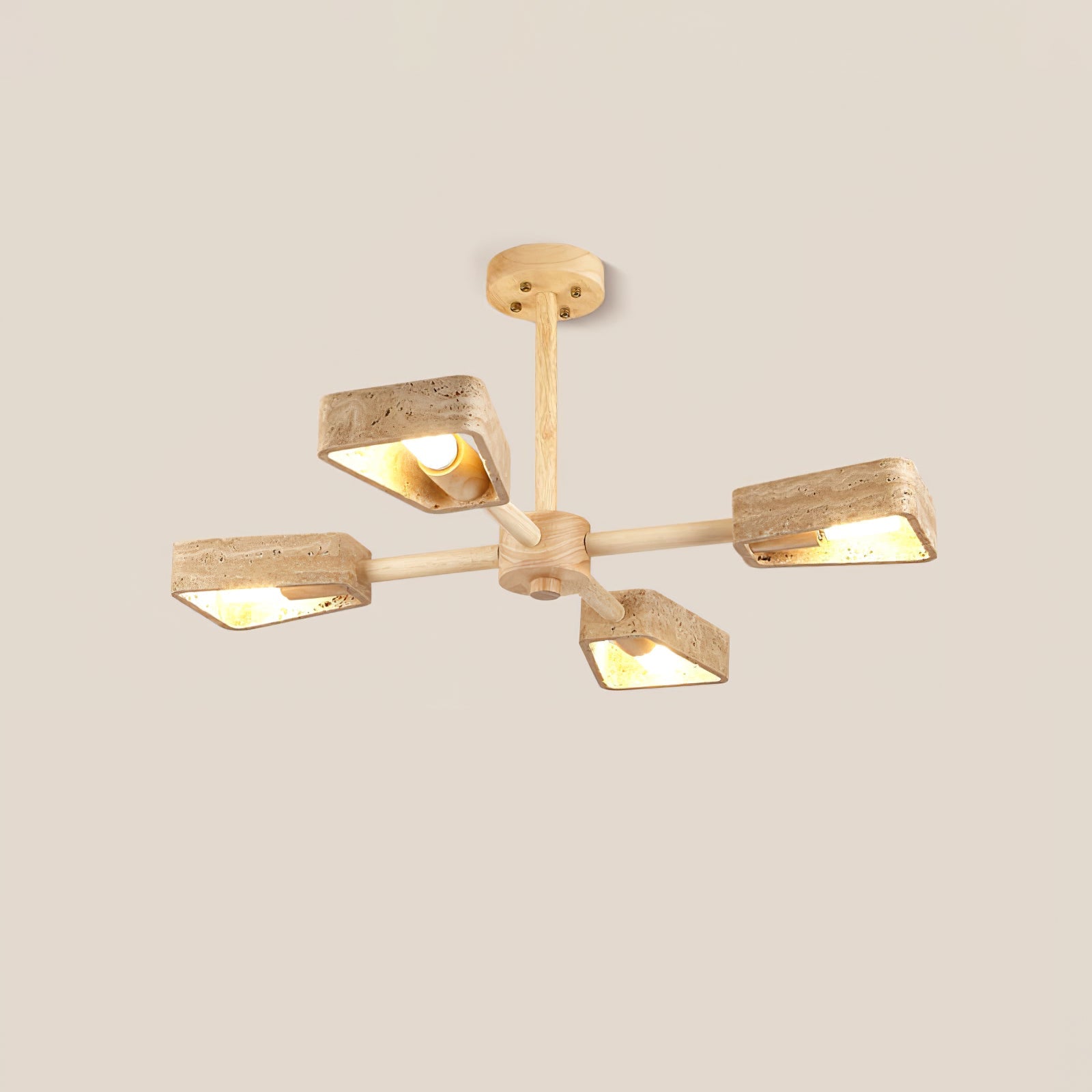 Tomoe Travertine Chandelier in walnut wood finish above a long dining table