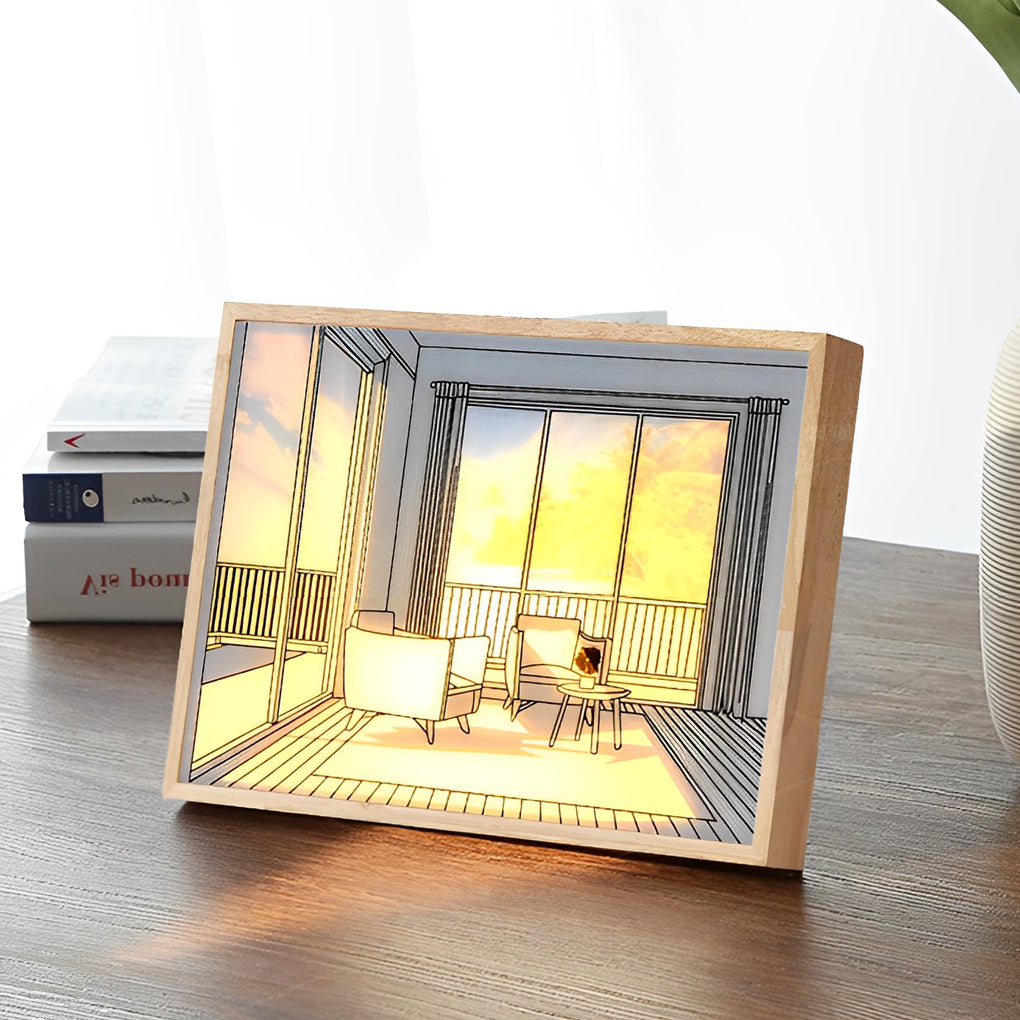 Alure light painting showing lakeside scene, touch control LED wall art, contemporary interior