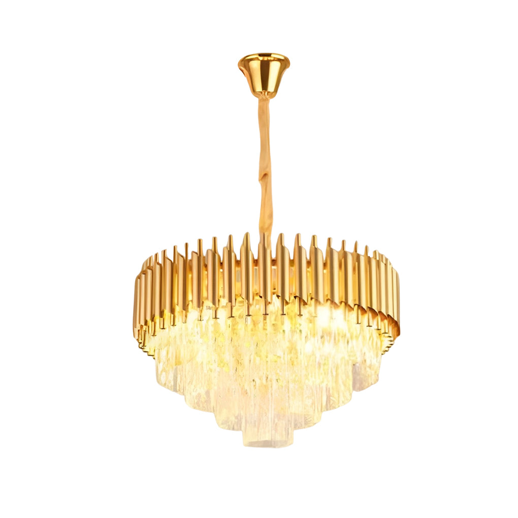 Auréline crystal chandelier in gold, modern ceiling light shown in open-plan living space
