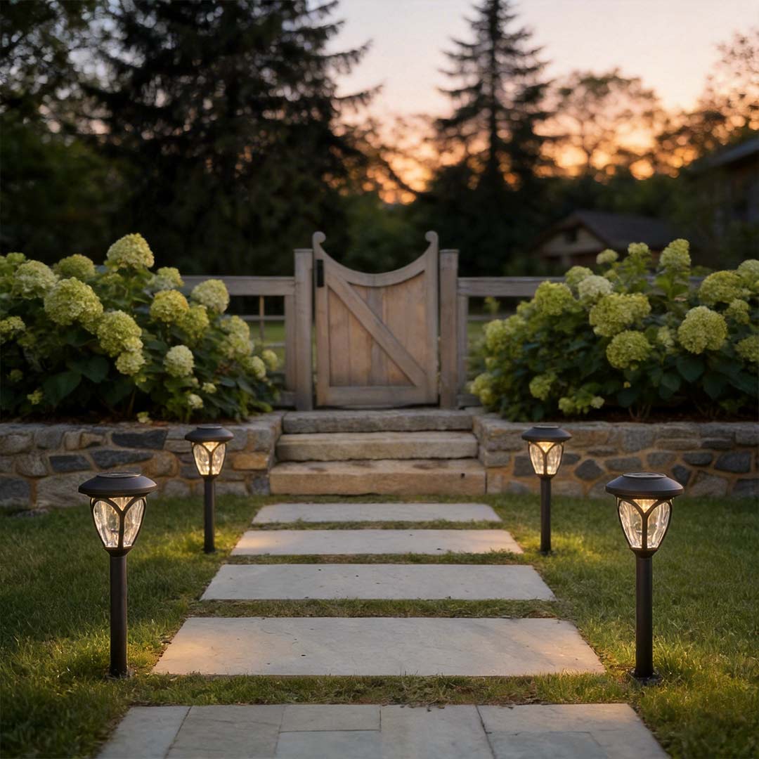Solvara solar garden lights installed on a lawn border beside planted beds at night