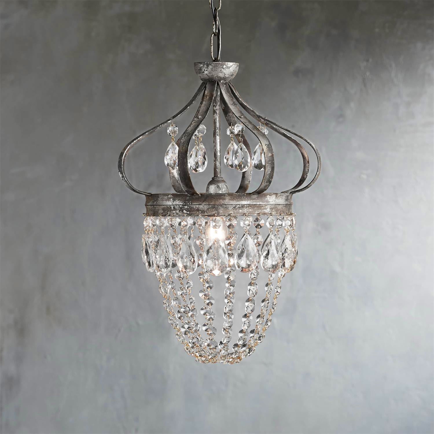 Vantara crystal teardrop chandelier in antique silver finish, full product view