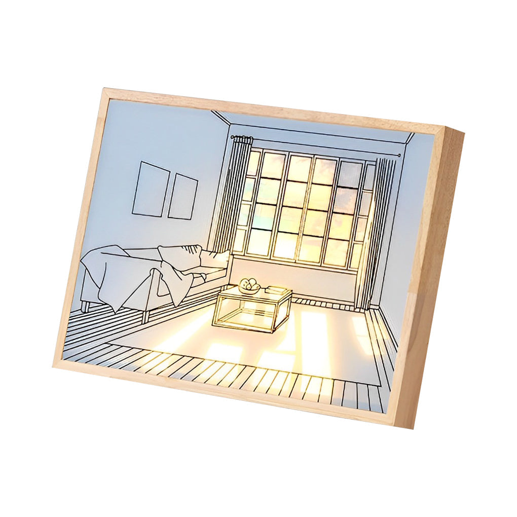 Alure LED light painting showing empty house scene, minimalist wood frame wall art light