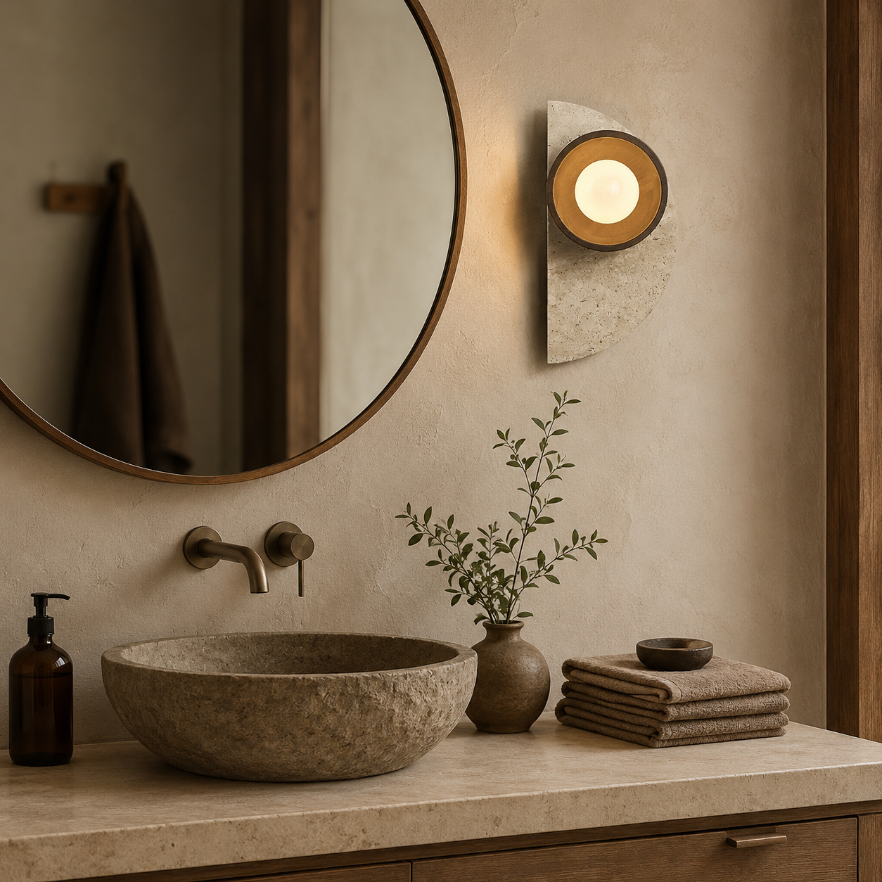 Ishi travertine wall light in walnut wood finish styled in a minimal bedroom