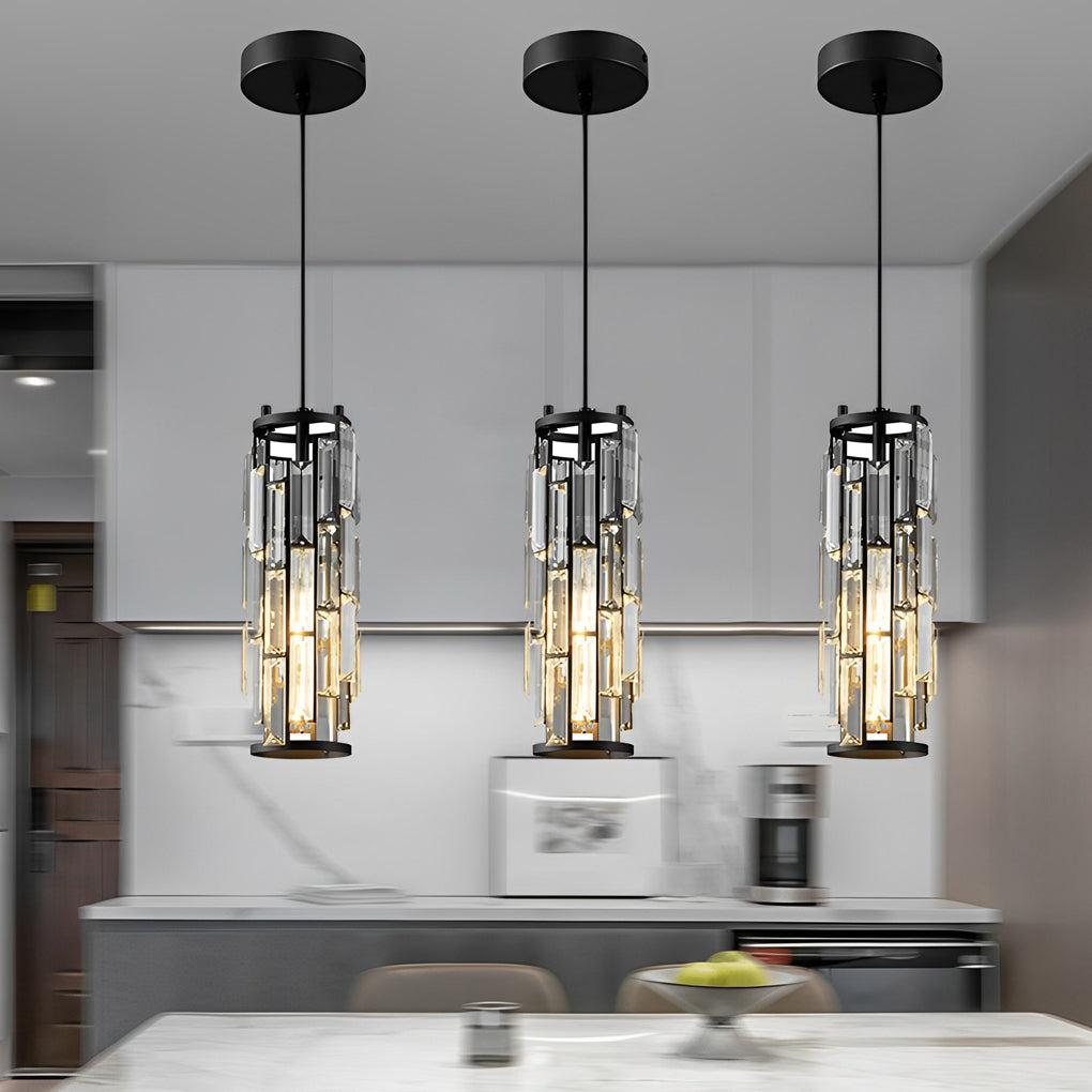 Aureon crystal cylinder pendant light in black iron finish, product studio shot