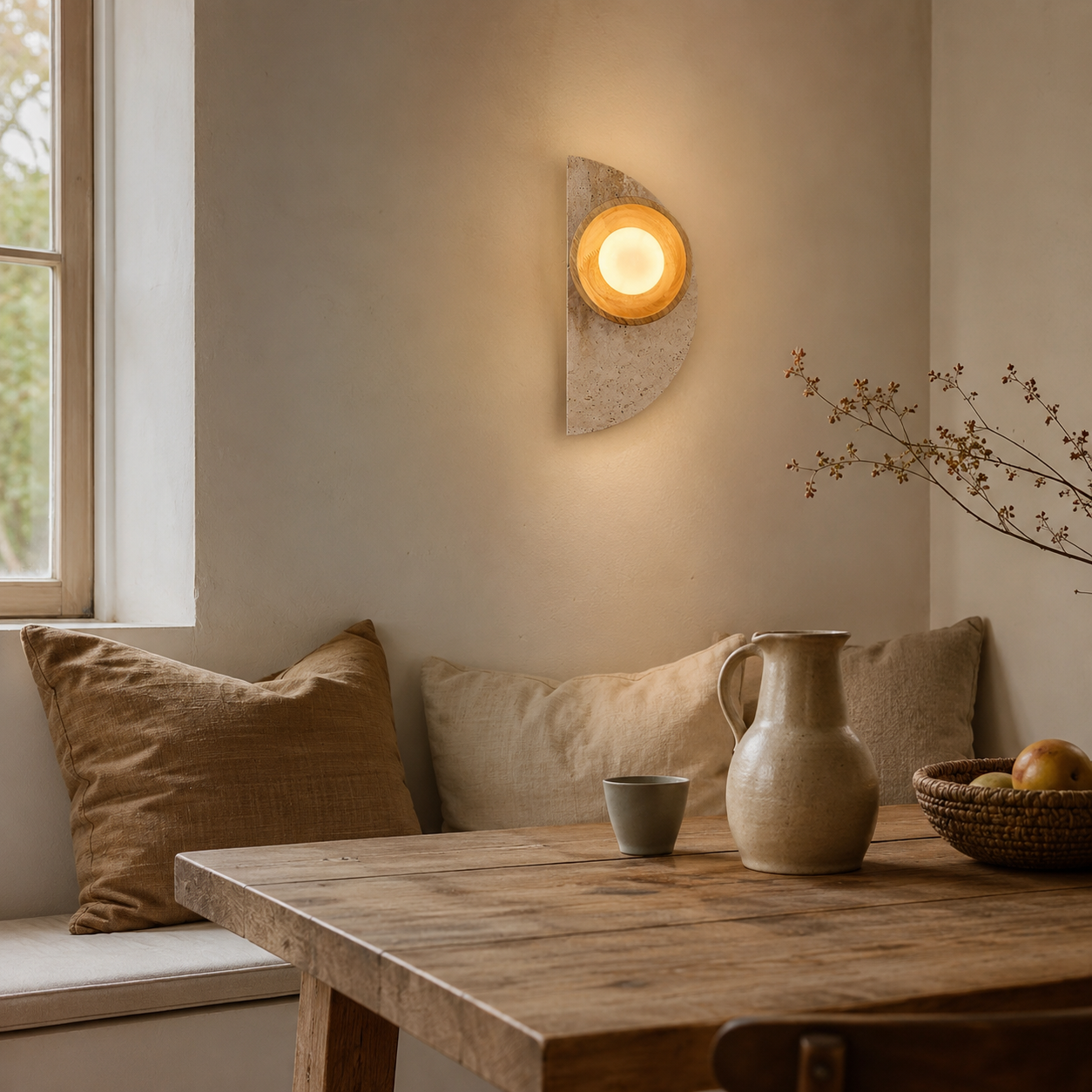 Close-up of the wooden bowl and glass diffuser on the Ishi stone wall light