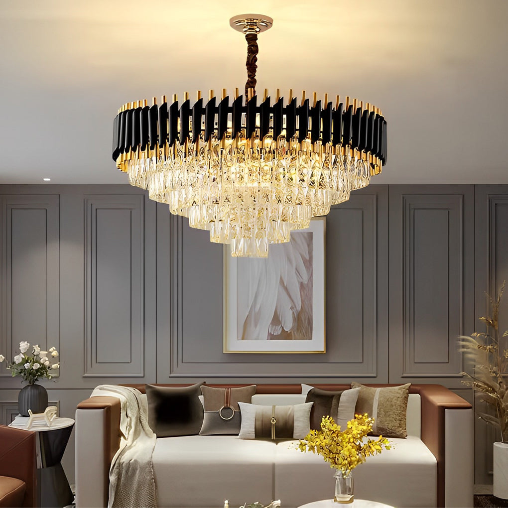 Close-up of crystal glass panels on Auréline modern chandelier, showing light refraction detail
