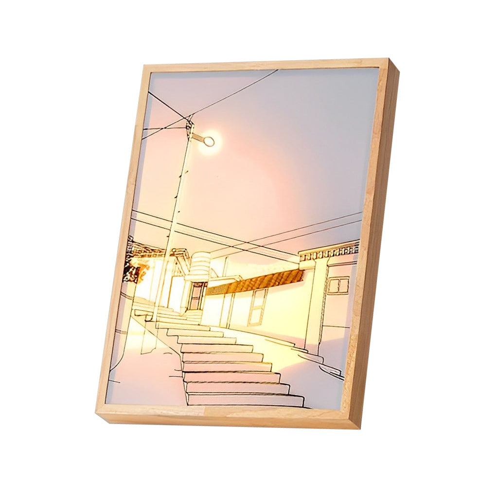 Alure LED wall art light showing stairs under street lights scene, modern interior wall light