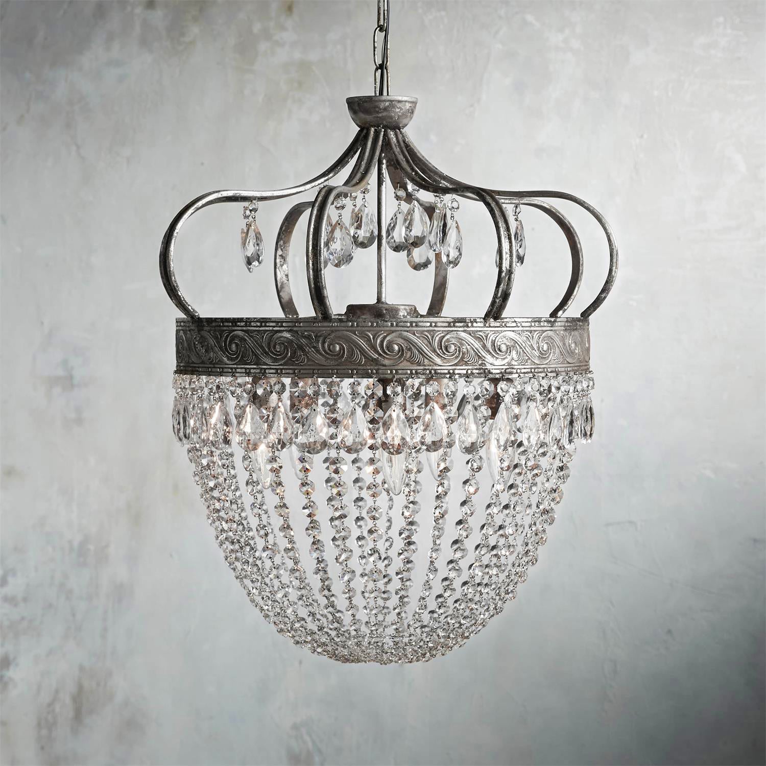 Large Vantara teardrop chandelier D 53 cm in antique silver above a dining table