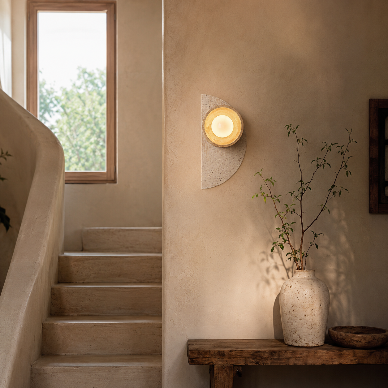 Two Ishi travertine wall lights installed symmetrically in a Japandi interior corridor