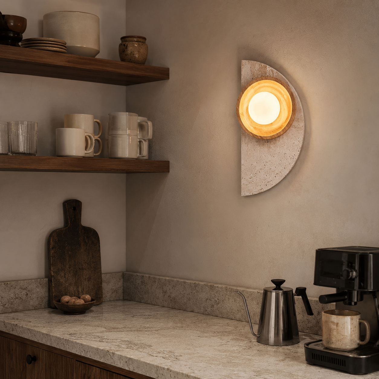 Natural stone wall light with glass diffuser and pull chain switch detail