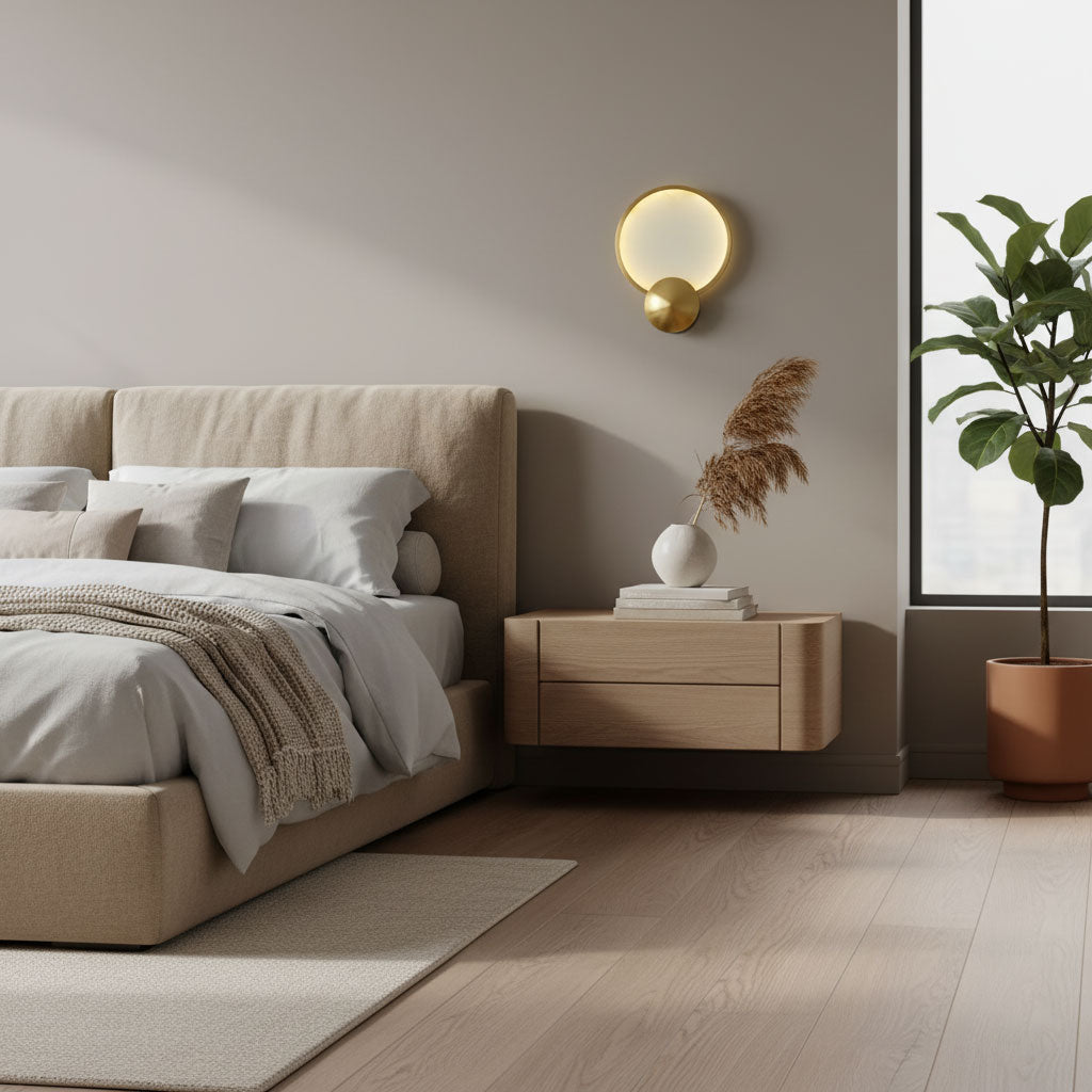 Sayo stone wall light glowing softly in warm 3000K light against a neutral wall