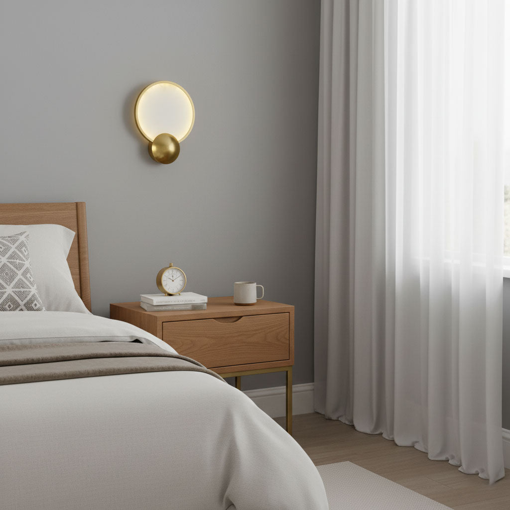 Side profile view of the Sayo Sayo wall light with brushed gold metal frame
