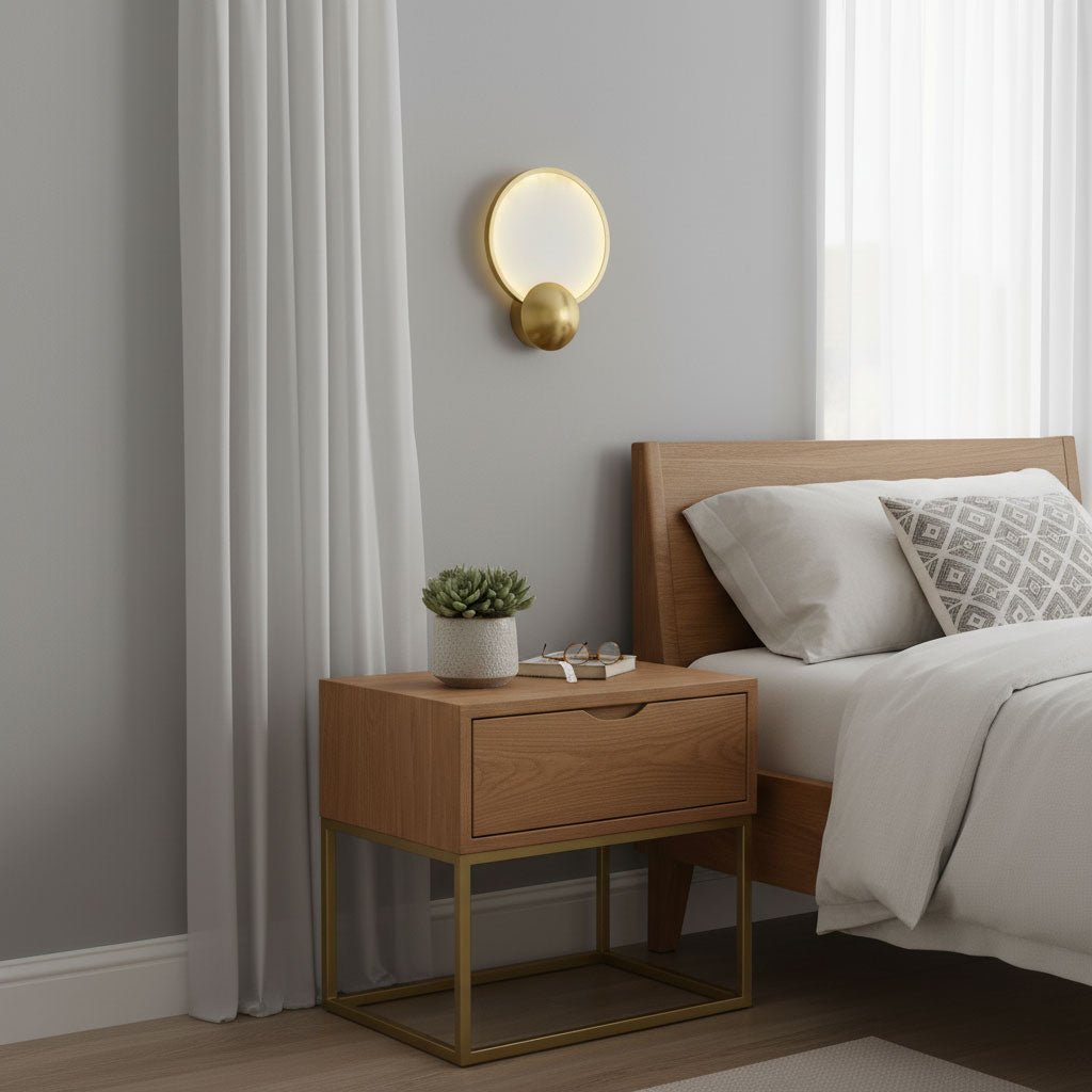 Sayo Sayo wall light in a hallway with natural light and warm stone tones