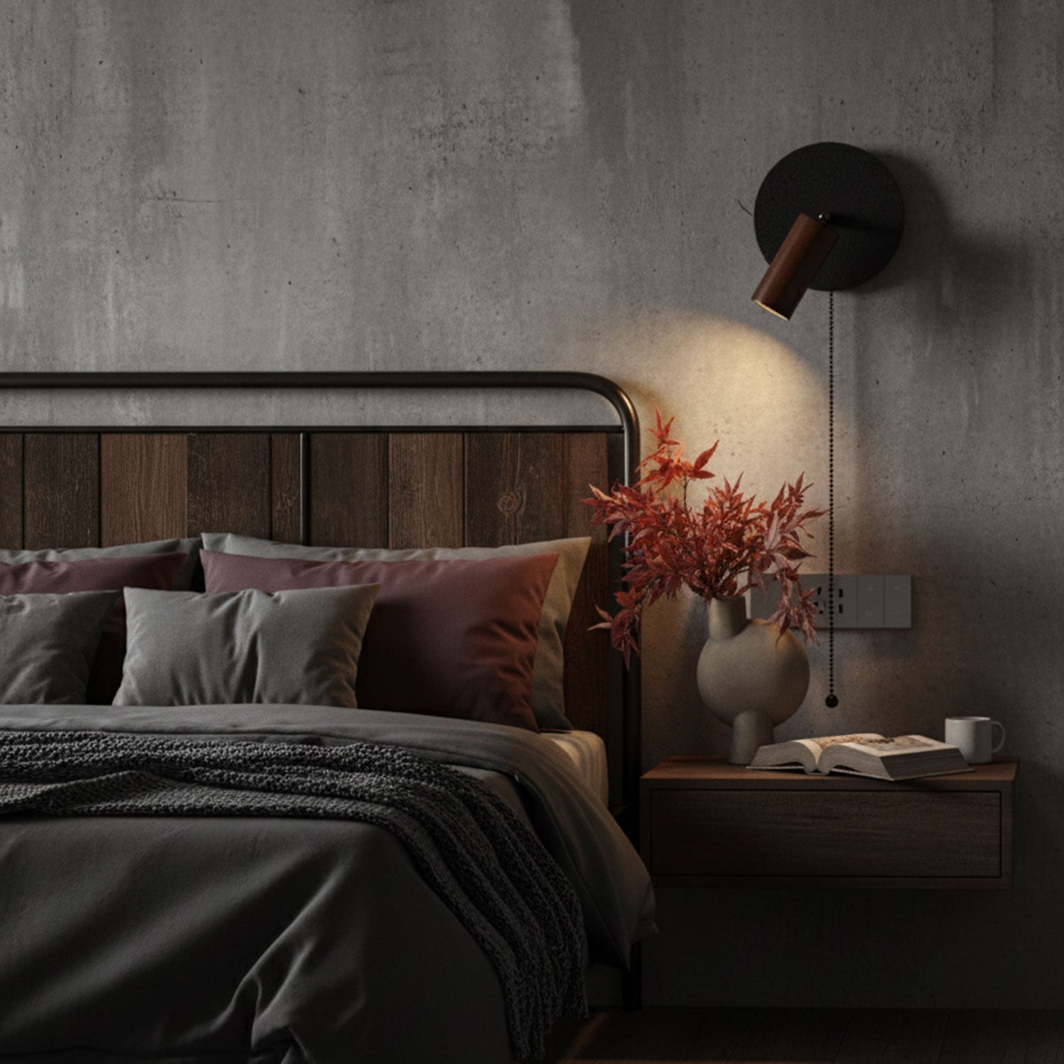 Miru stone wall light in a living room — Japandi minimal interior with natural materials and warm directional light