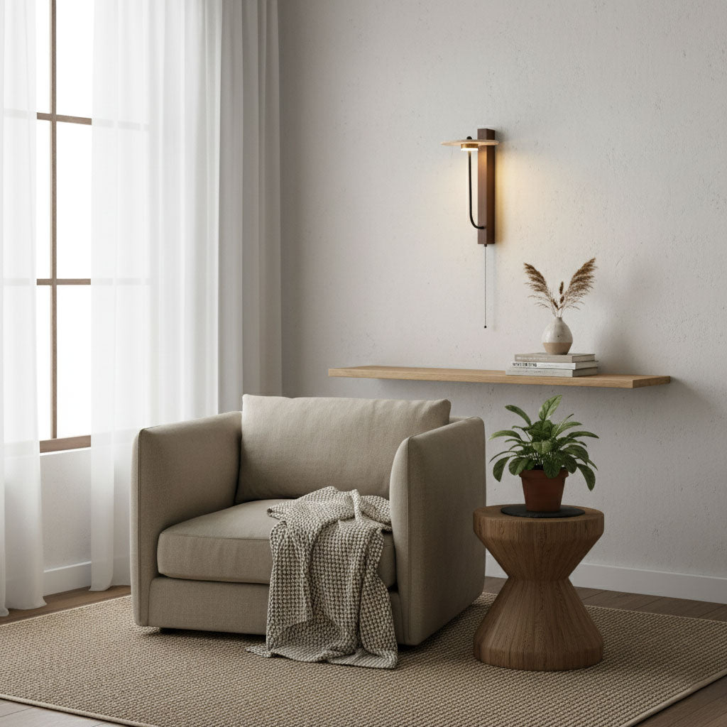 Yellow travertine wall light mounted on a white wall in a calm minimal interior