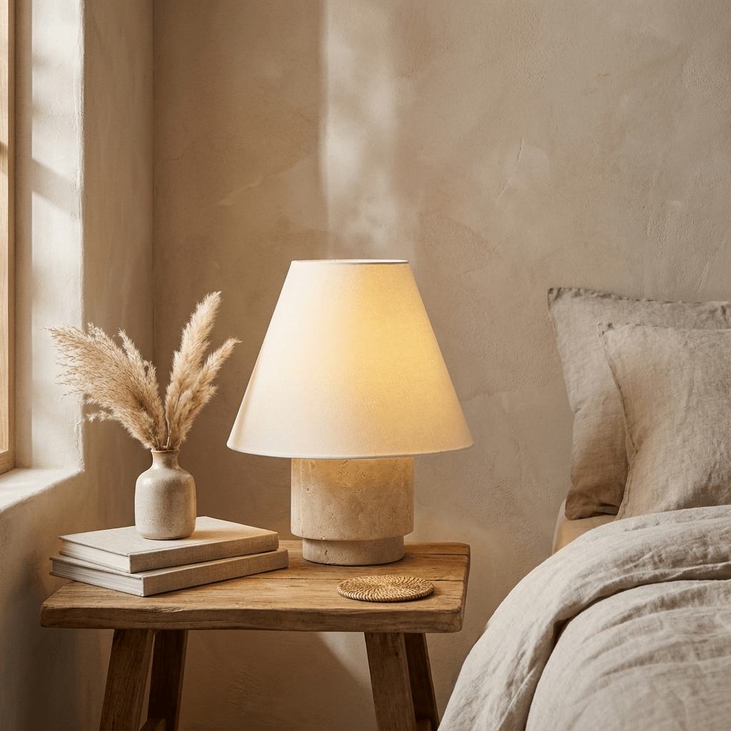 Overhead detail of the Kione travertine table lamp shade showing cotton-linen blend texture