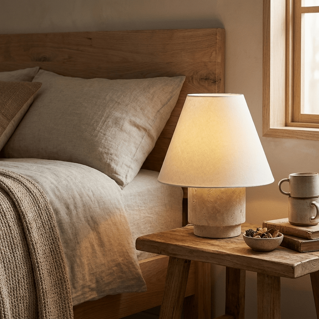 Kione travertine table lamp with tapered cotton-linen shade casting warm soft light