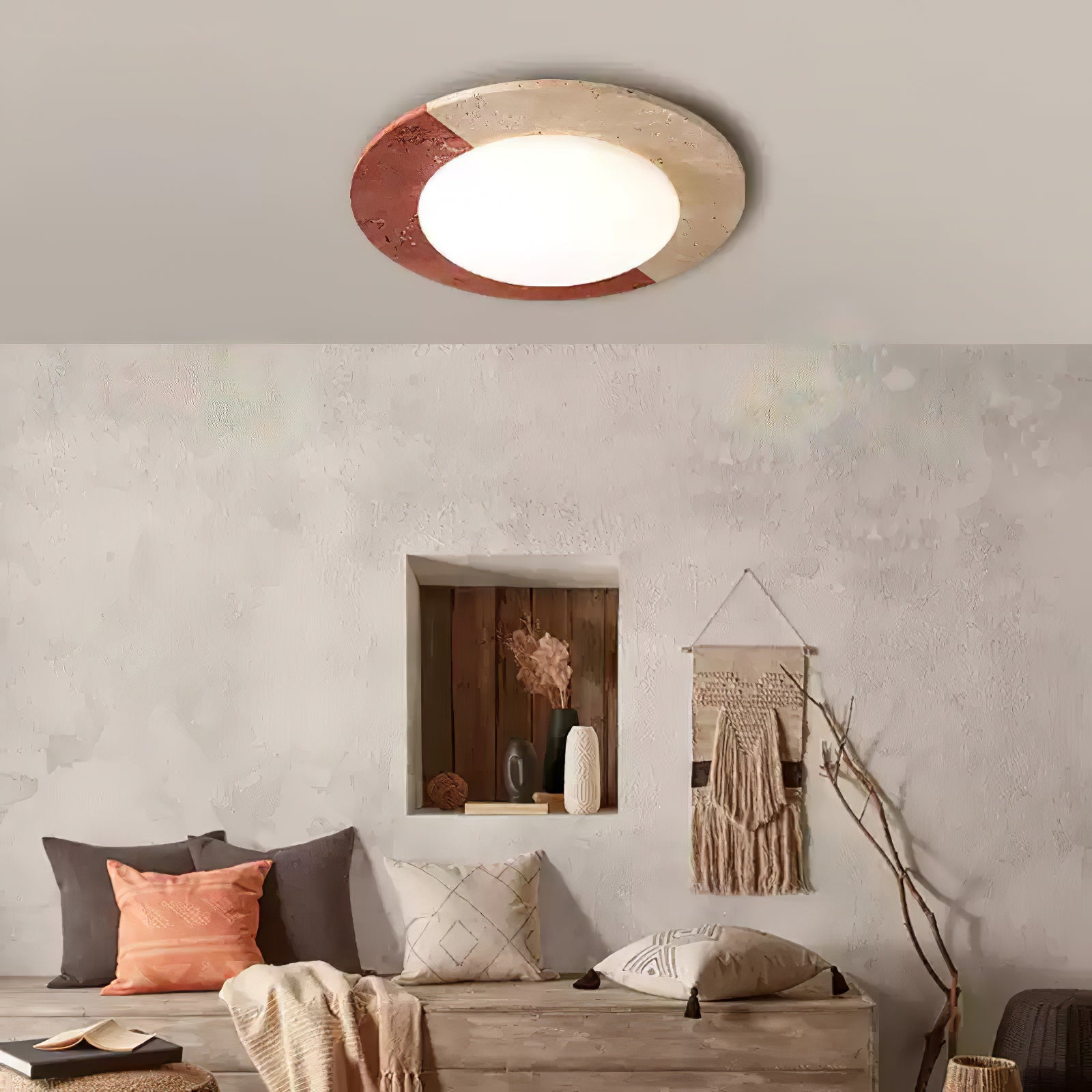 Japandi ceiling light with travertine face and white acrylic diffuser