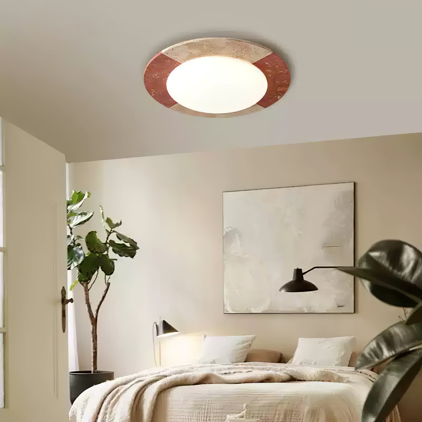 Close-up of metal ceiling mount base on travertine ceiling light