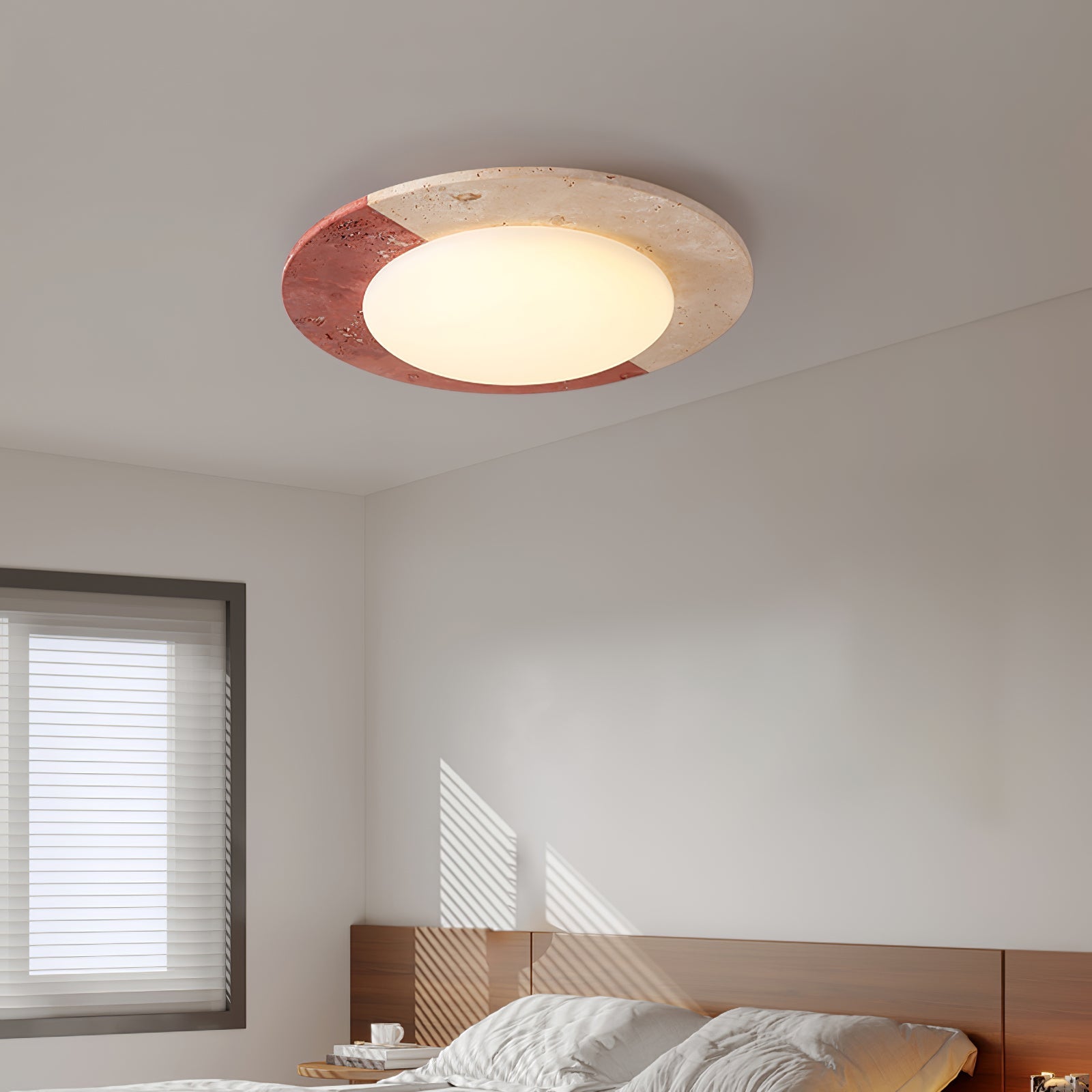 Nami travertine ceiling light side profile showing 8.5cm slim height