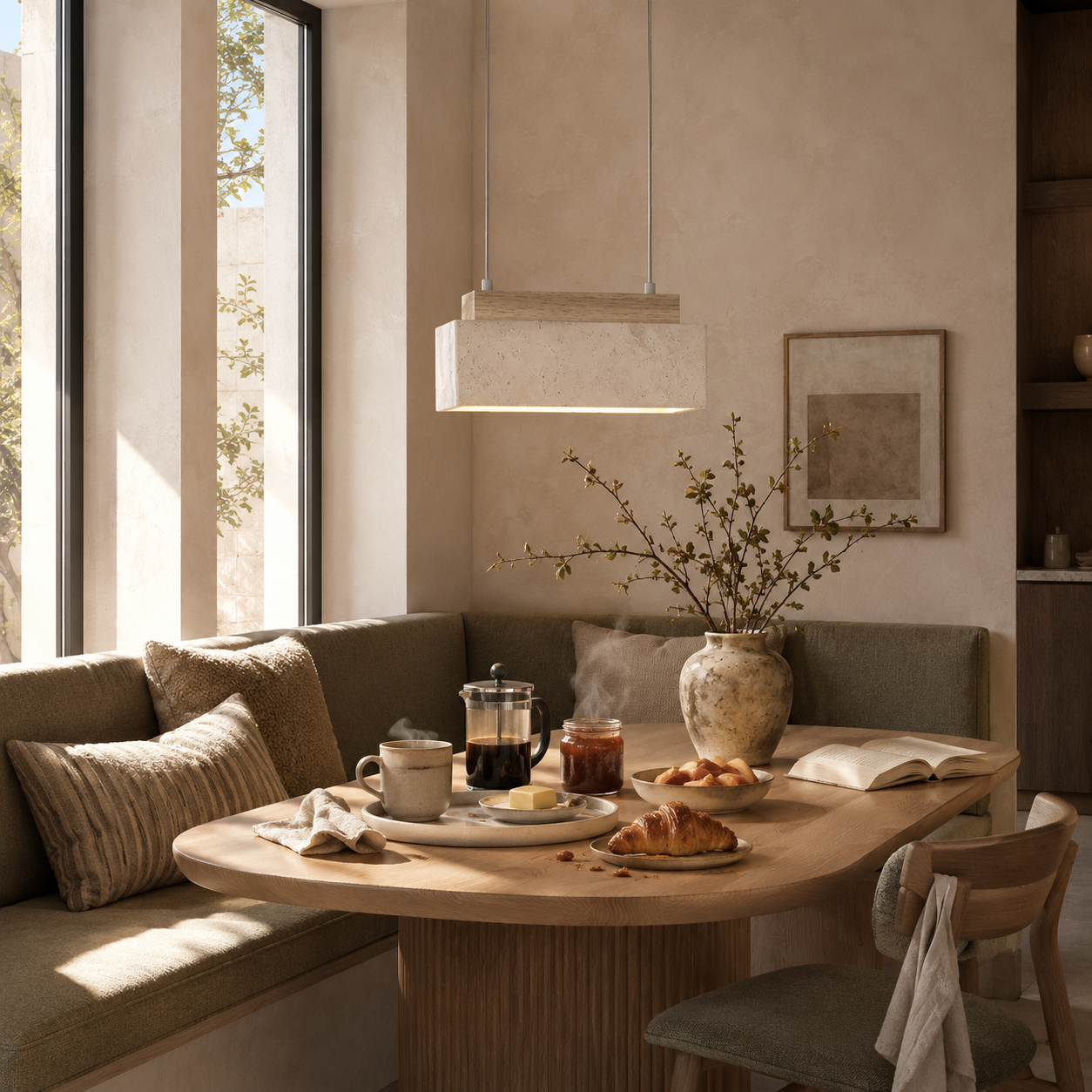 Close-up of natural yellow travertine stone texture on the Kurei pendant light