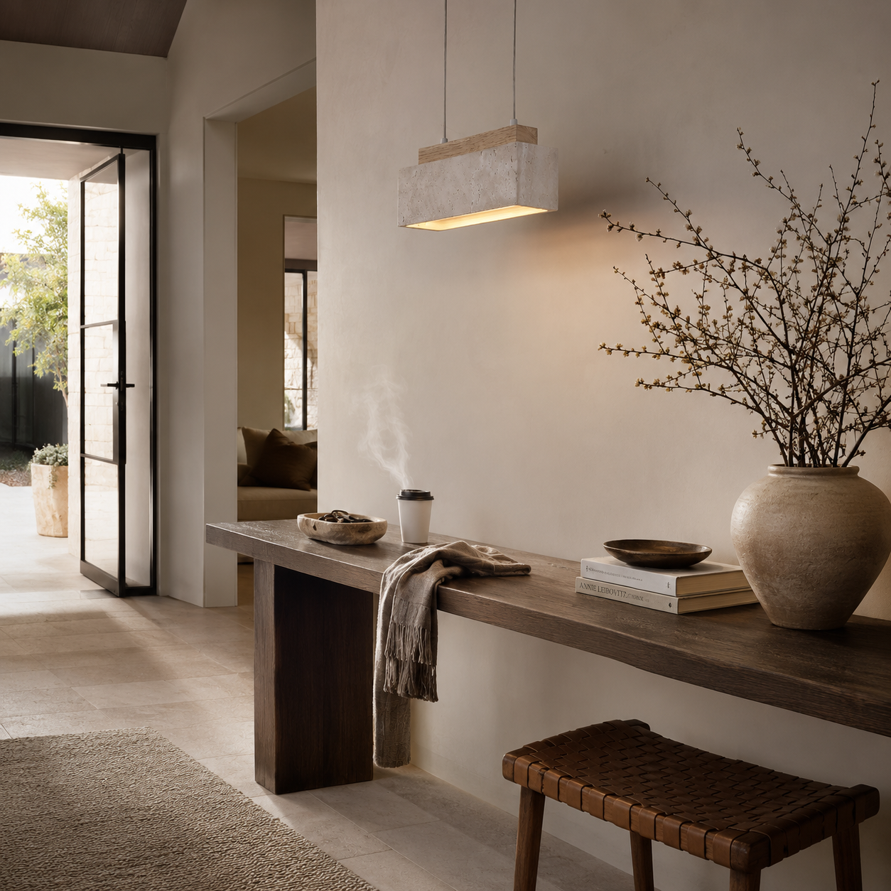 Travertine stone pendant light with adjustable hanging cable in a minimalist kitchen