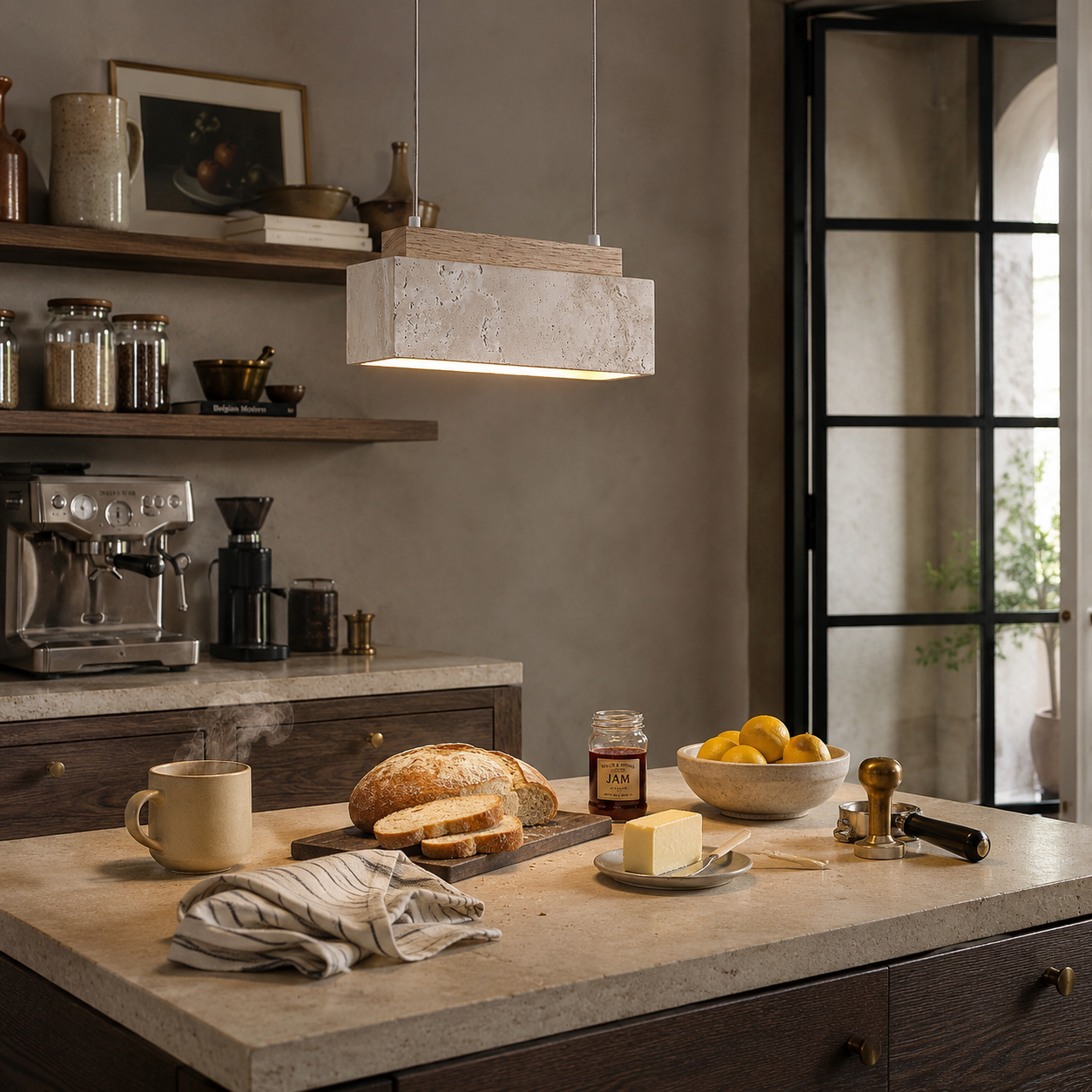 Underside view of the Kurei travertine pendant light showing integrated LED and stone form