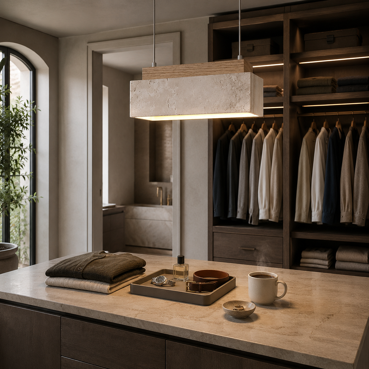 Kurei travertine pendant light above a wooden dining table in a Kurei-Sabi interior