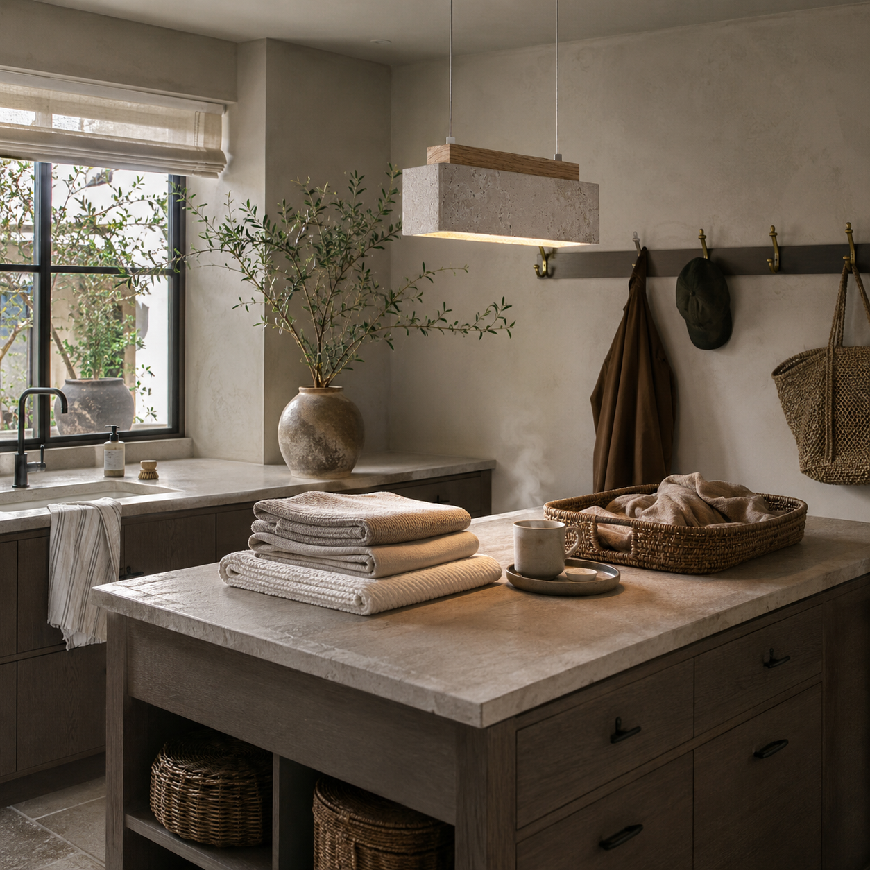 Kurei travertine pendant light in a calm bedroom corner with warm ambient glow