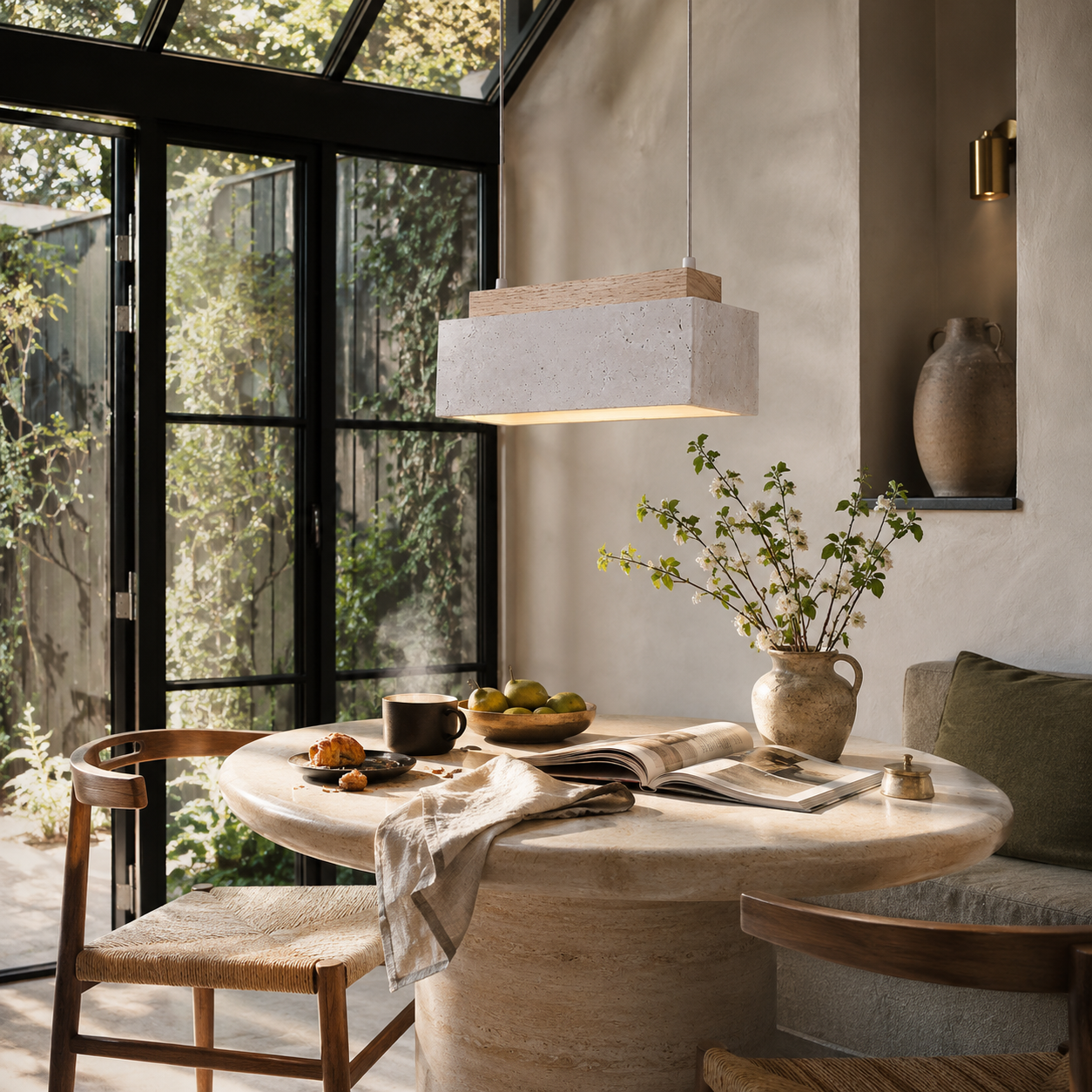 Detail shot of travertine pendant light warm wood mount and adjustable hanging cord