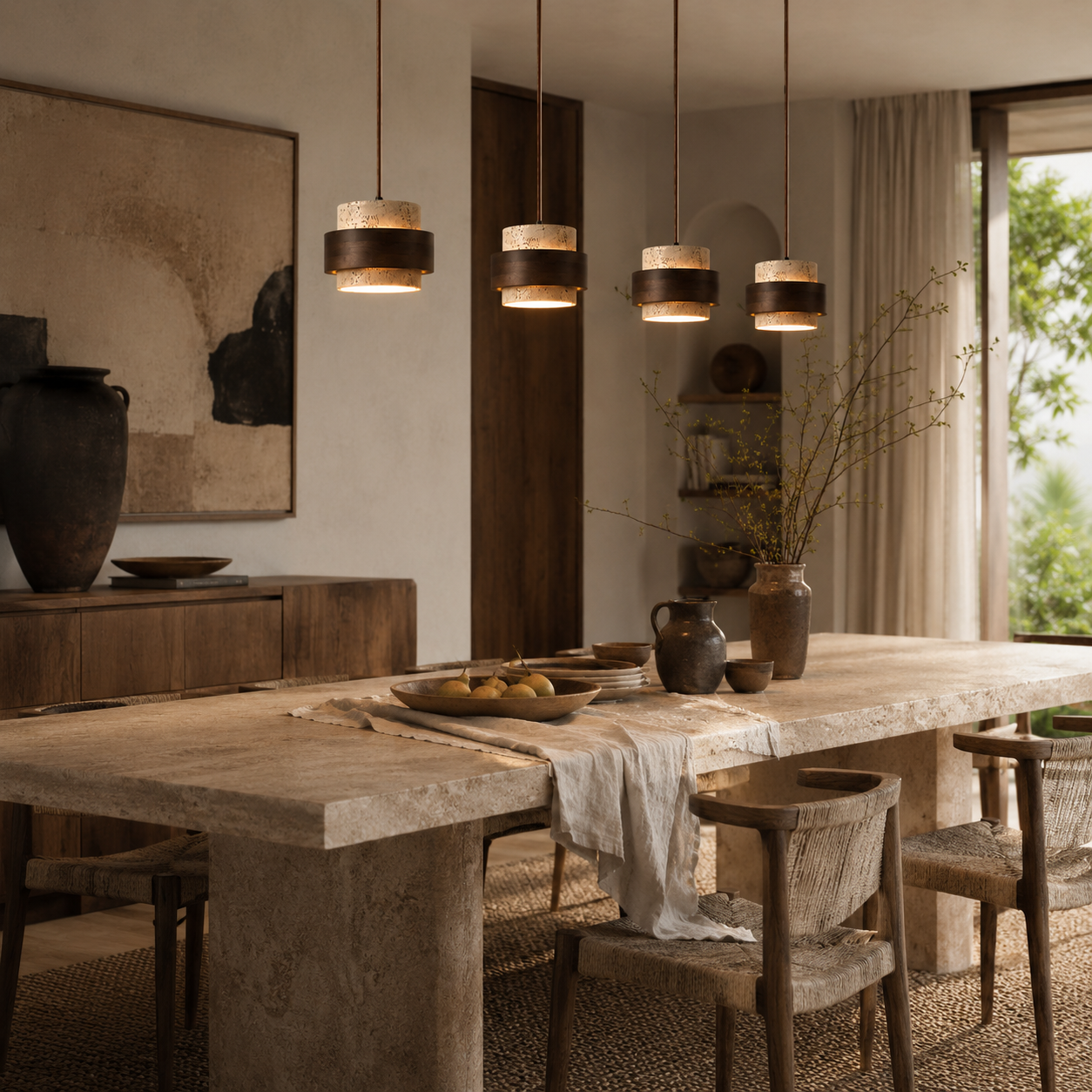 Evara Travertine Wood Pendant Lamp