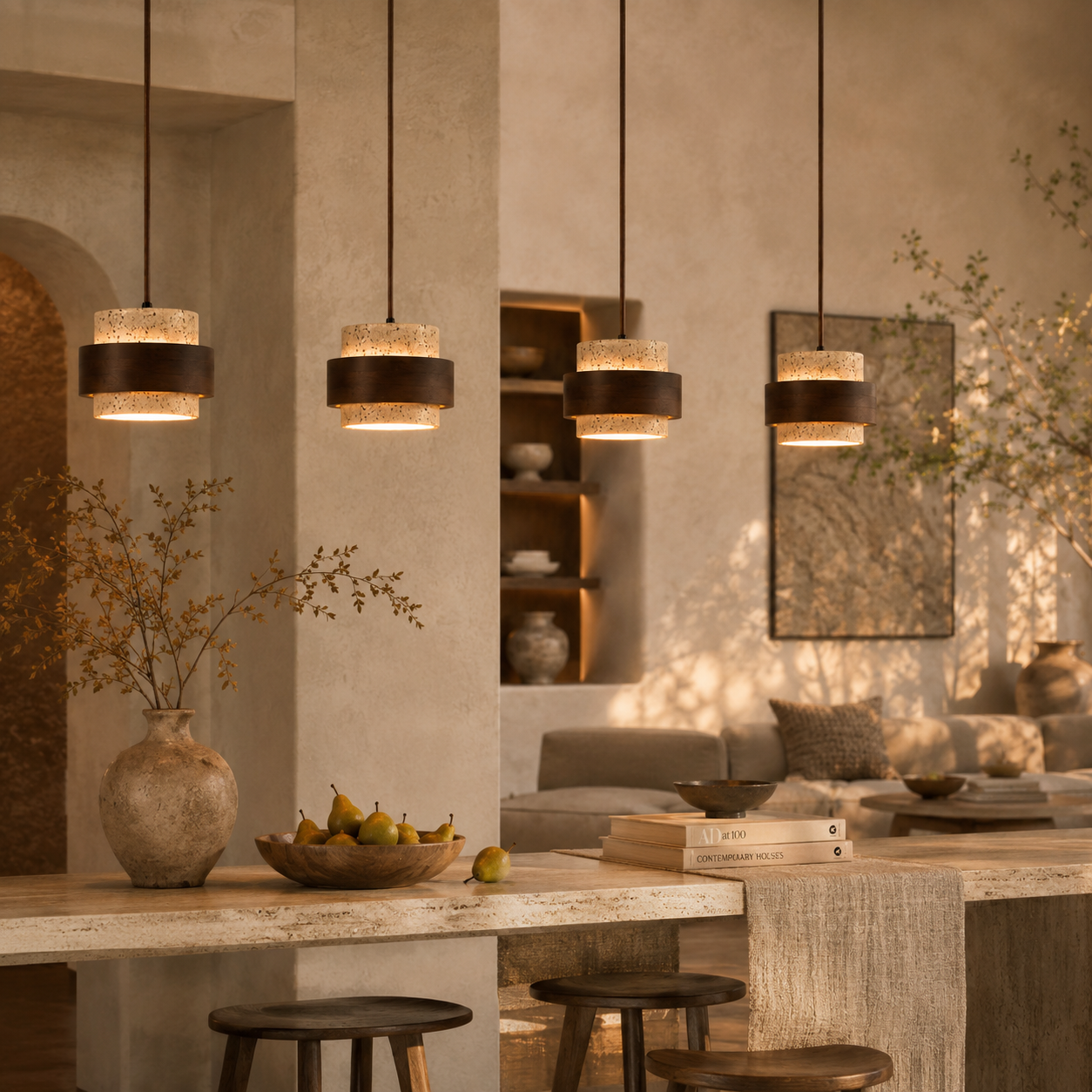 Evara Travertine Wood Pendant Lamp
