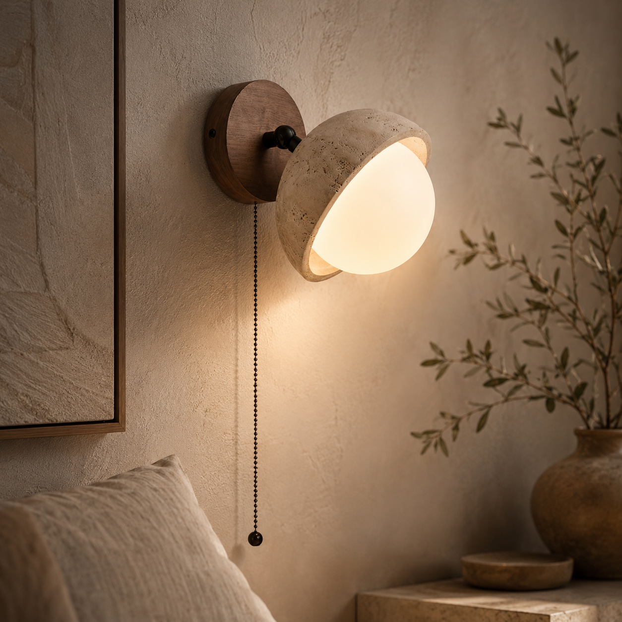 Naomi Travertine & Wood Wall Lamp