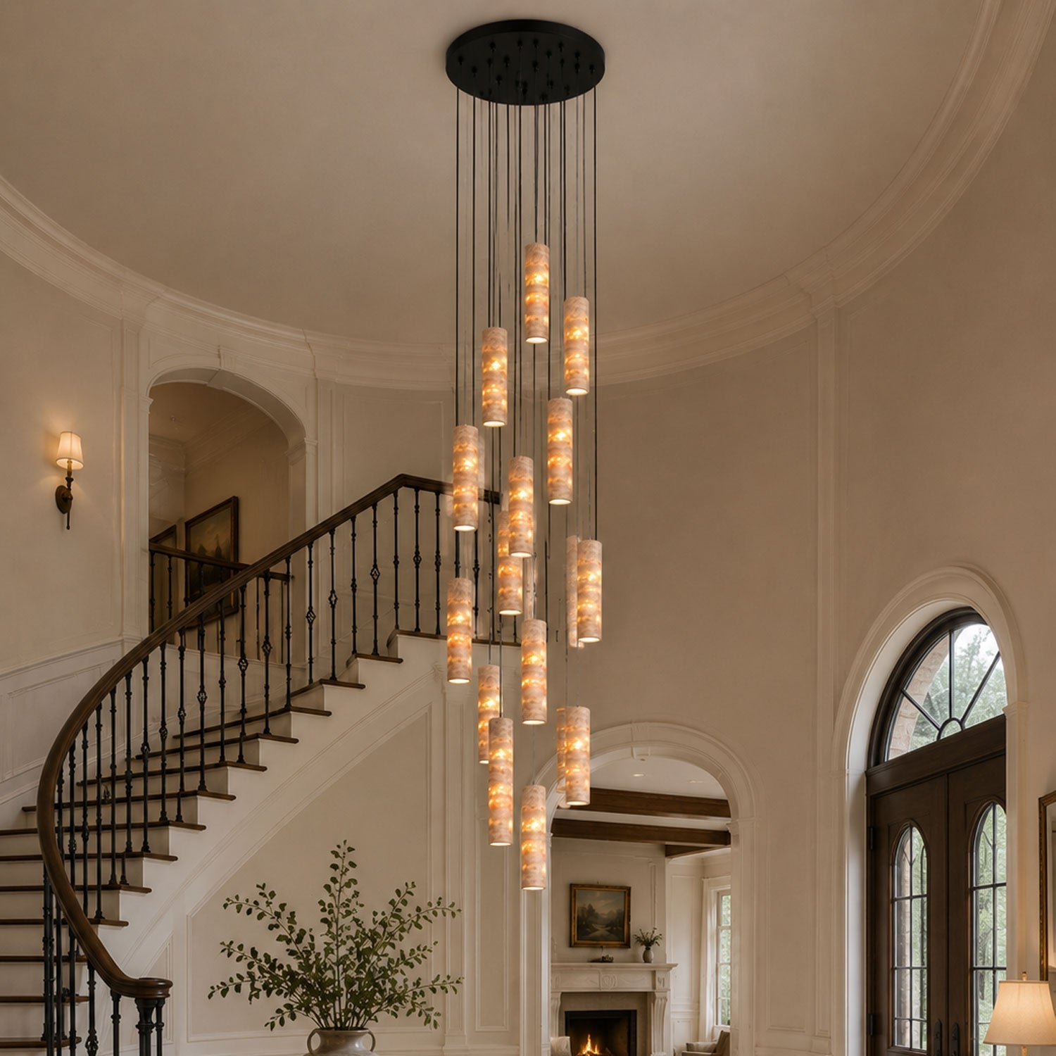 Travertine cylinder pendant light above a minimal Japandi kitchen island bench